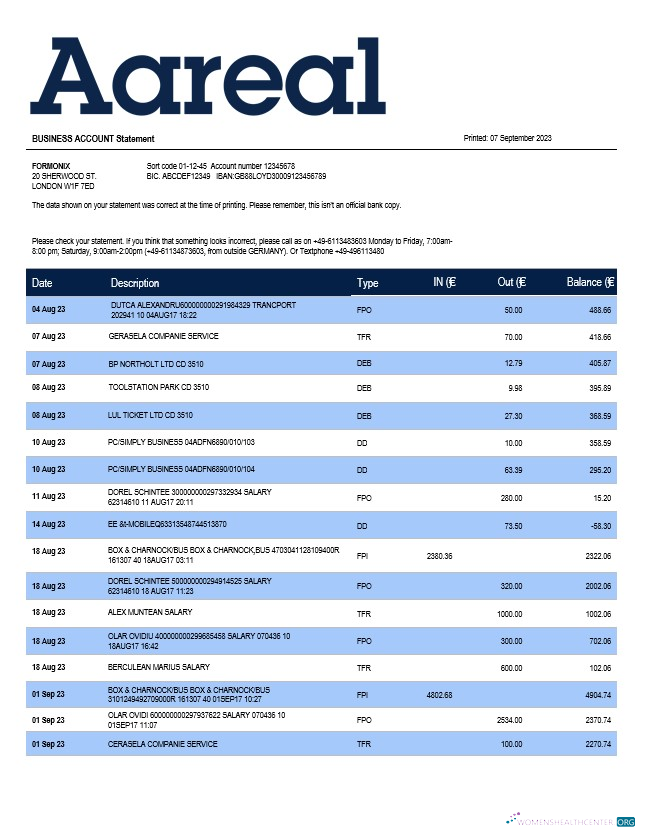 Download Aareal Bank firm account statement Word and PDF template Photoshop template
